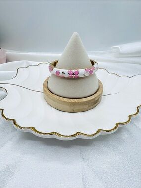 Pink Floral Enamel Bangle Bracelet Gold Tone White Hinged Cuff Bracelet